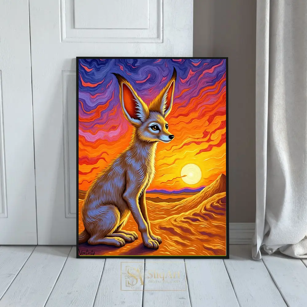 Vibrant Fennec Fox Desert Sunset Wall Art - Post-Impressionist Style