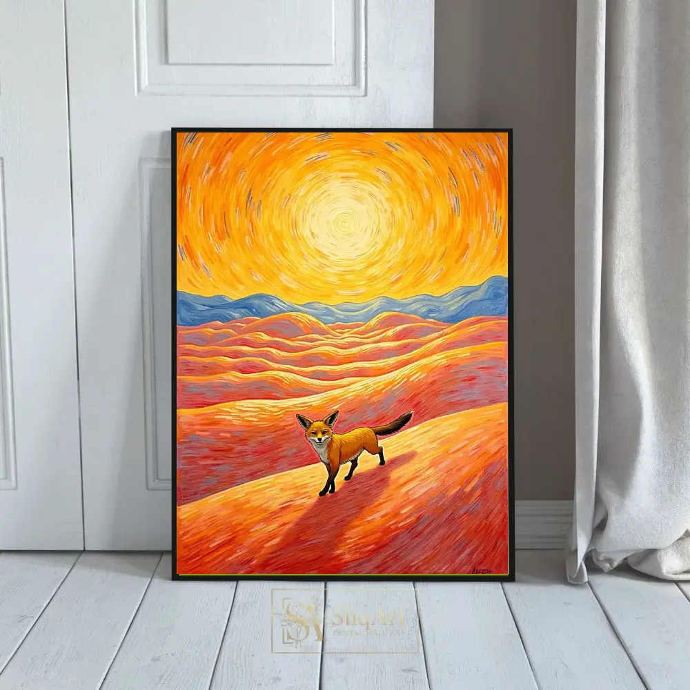 Vibrant Desert Fox & Swirling Sun Canvas Art Print