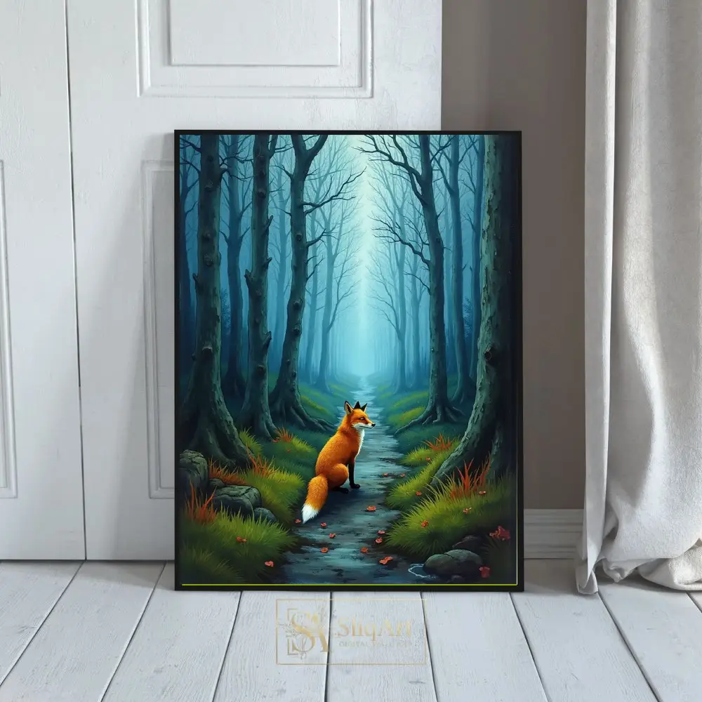 Ethereal Red Fox in Misty Blue Forest Canvas Art