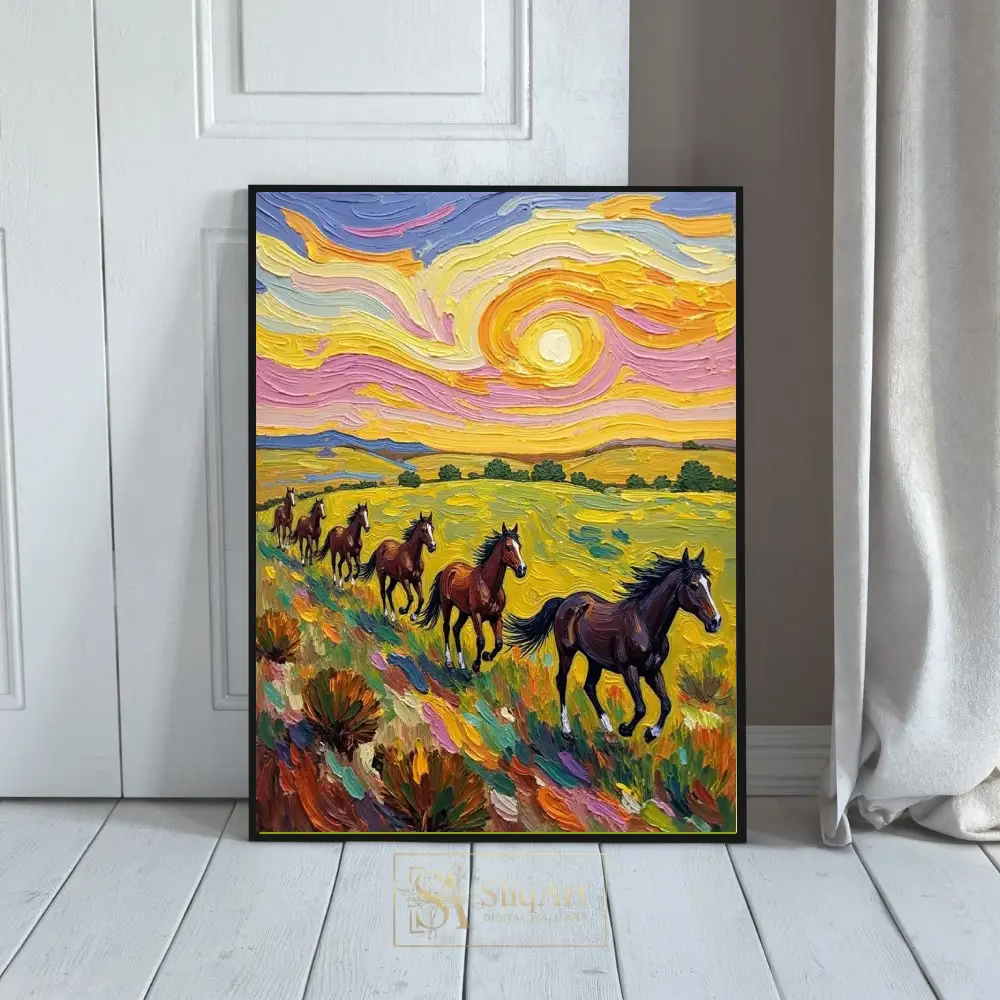 Vibrant Impasto Wild Horse Art - Galloping Sunset Landscape