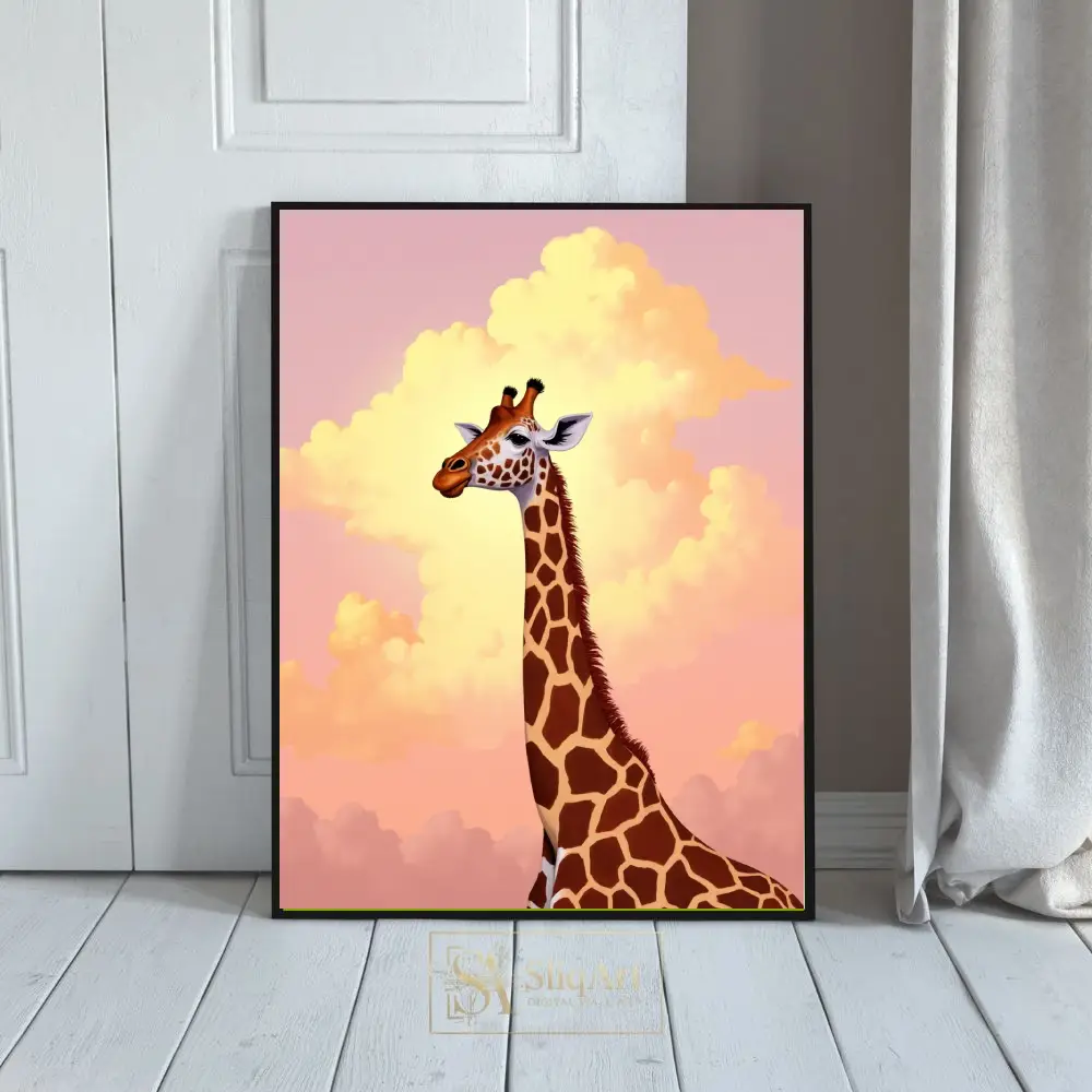 Whimsical Giraffe in Pastel Clouds - Dreamy Animal Wall Art