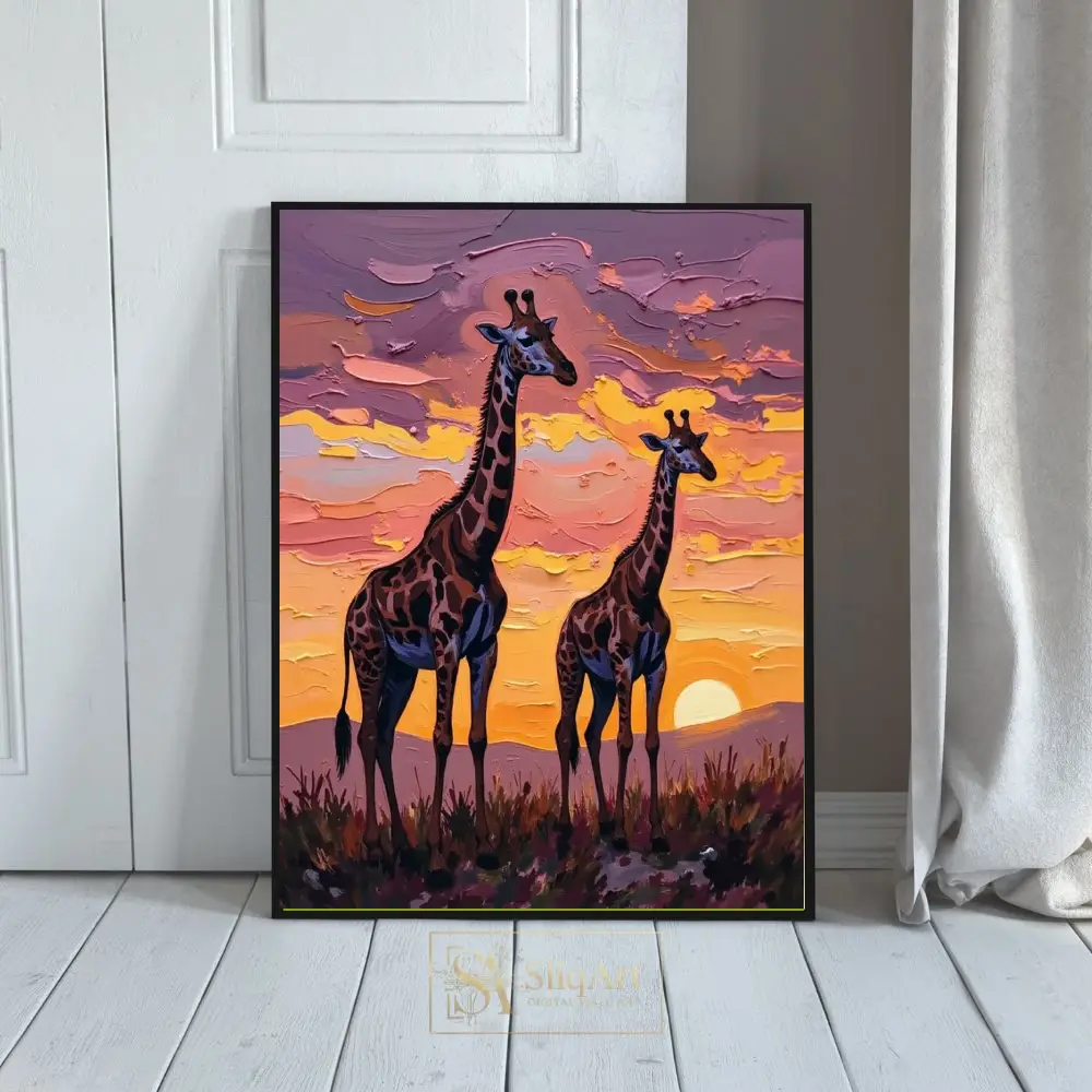 Golden Savanna Giraffe Duo - Impasto Sunset Canvas Art