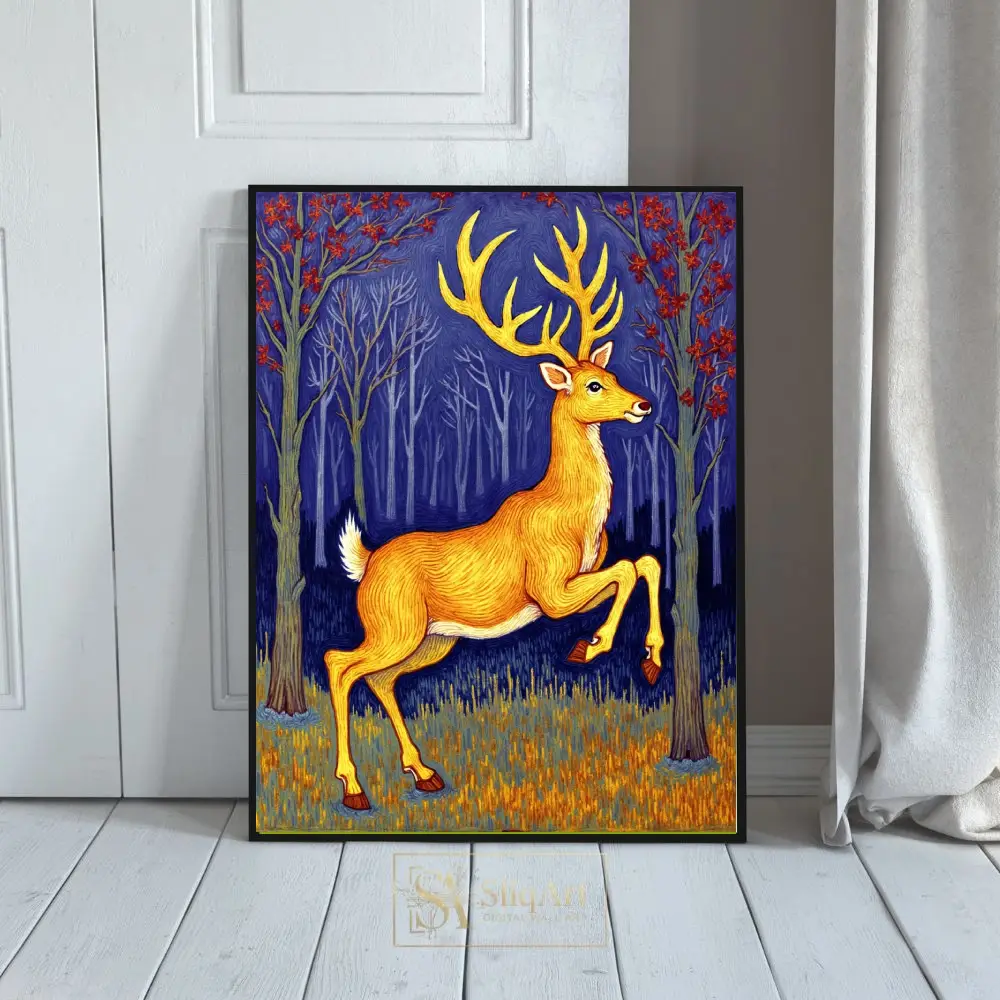 Golden Stag in Indigo Forest Folk Art Print