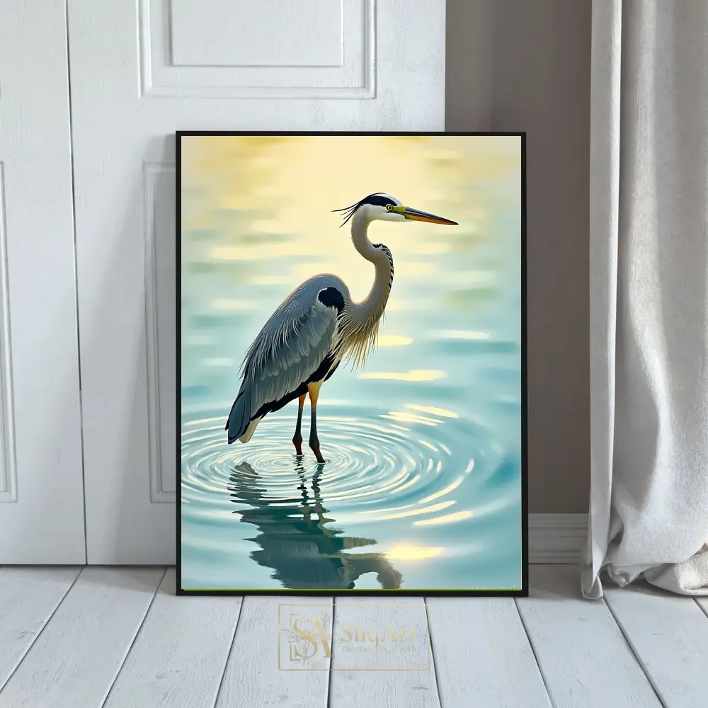 Graceful Heron at Dawn Canvas Art - Serene Blue Coastal Wall Decor