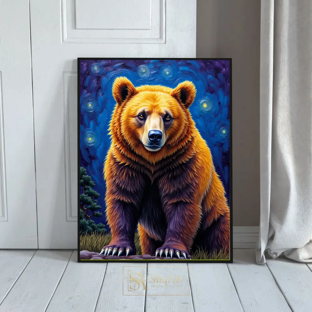 Celestial Grizzly Bear Wall Art - Van Gogh Inspired Wildlife Canvas