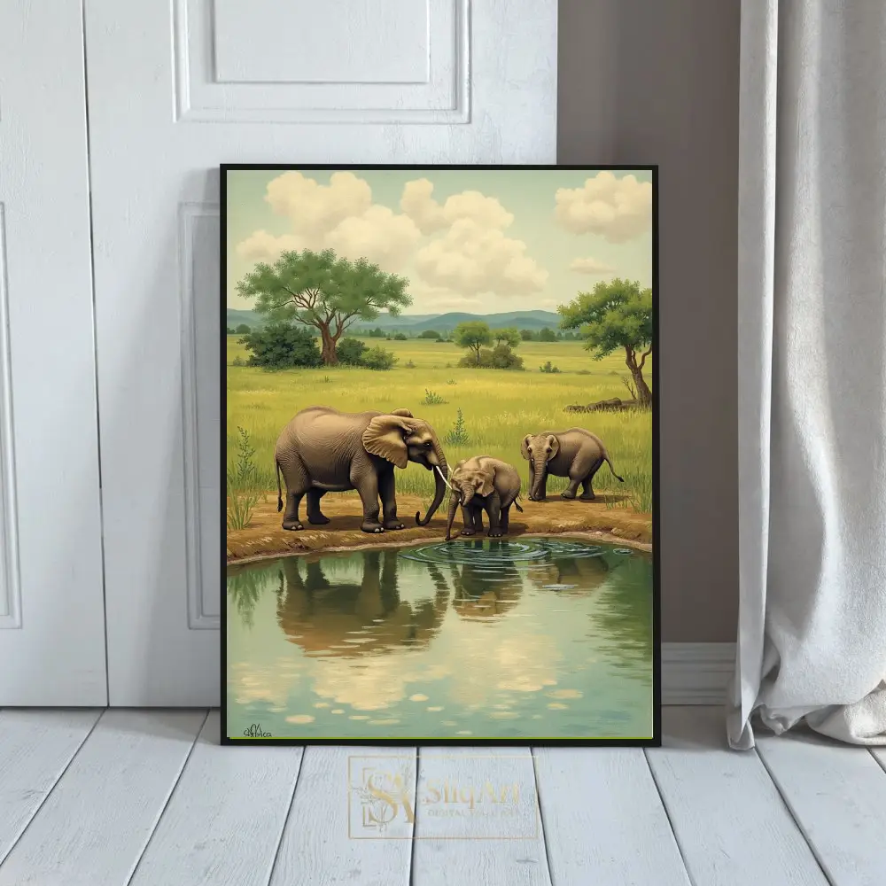 African Elephant Family at Watering Hole Savanna Canvas Wall Art