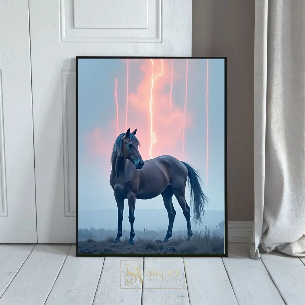 Ethereal Stallion: Pink Lightning Storm Wall Art