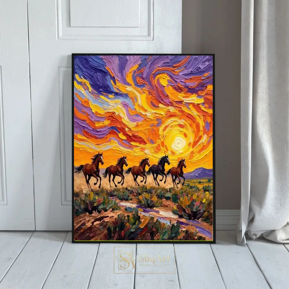 Galloping Wild Horses Impasto Canvas Art - Vibrant Sunset Landscape