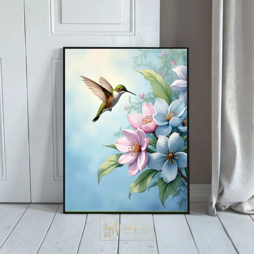 Hummingbird and Pastel Flowers Wall Art - Nature-Inspired Canvas Print