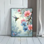 ANI hummingbird hovering over pink and blue flowers 276