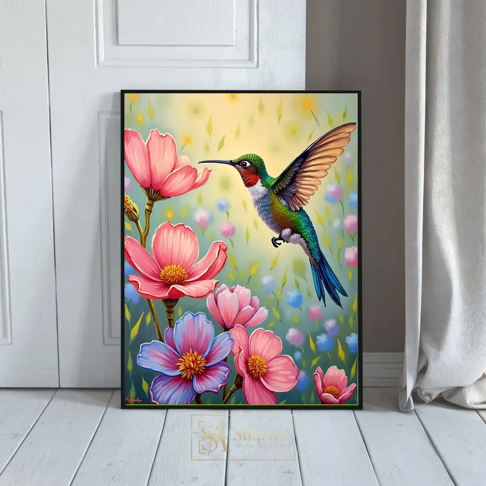 Hummingbird in a Whimsical Floral Garden Wall Art