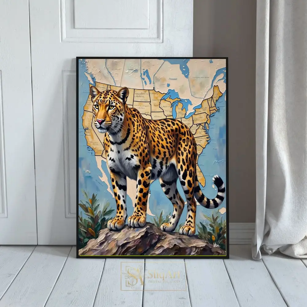 Majestic Leopard Over USA Map Impasto Oil Painting Canvas Art