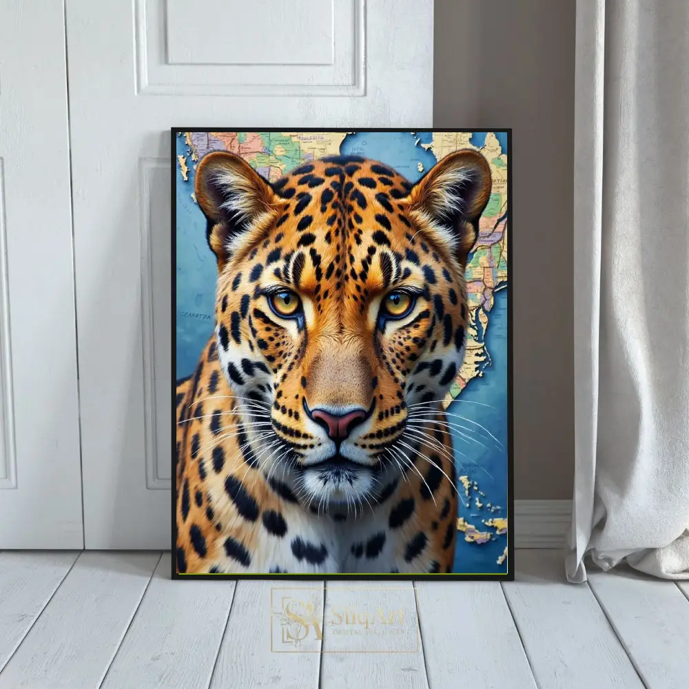 Majestic Leopard World Map Portrait - Digital Wildlife Art Print