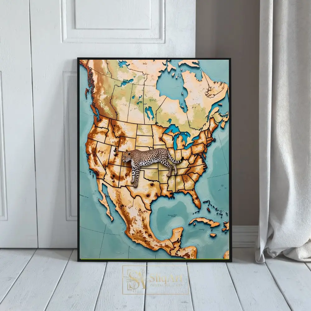 Leopard Over North America Map Canvas Wall Art