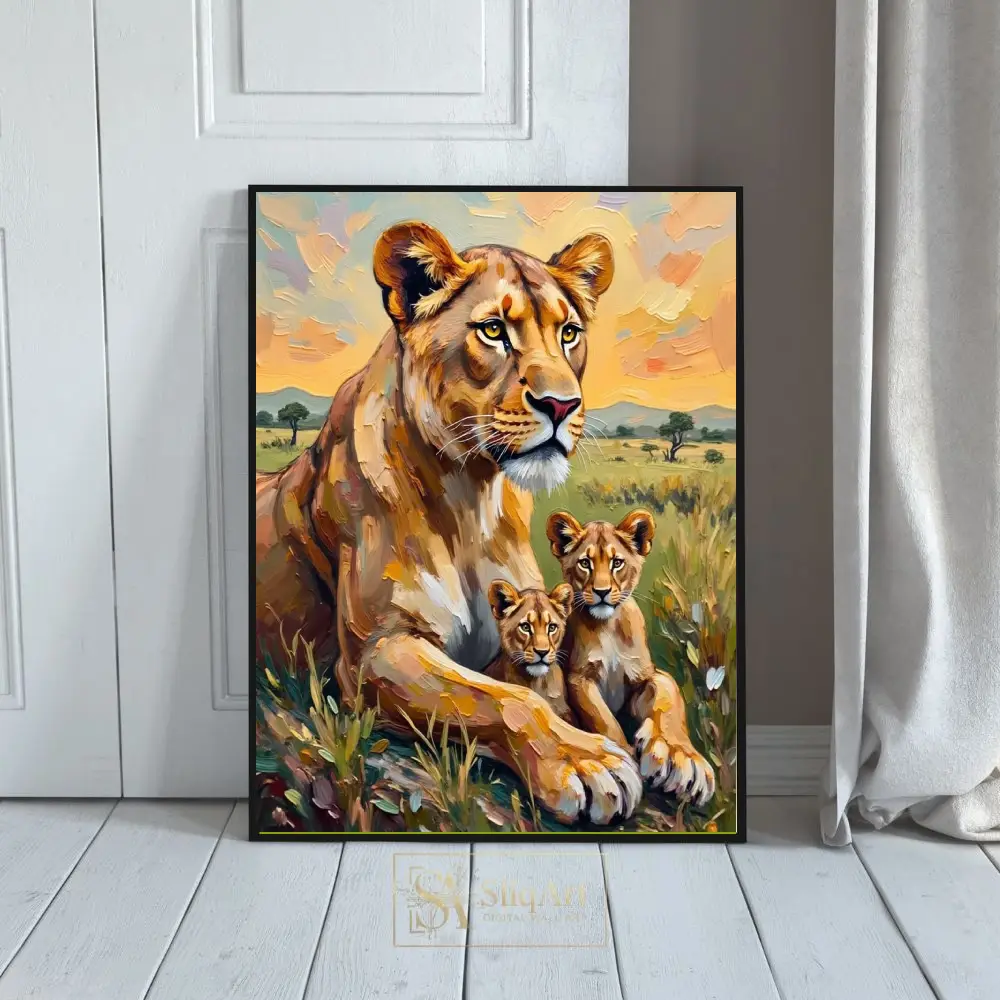 Majestic Lioness and Cubs Impasto Oil Painting Canvas Art