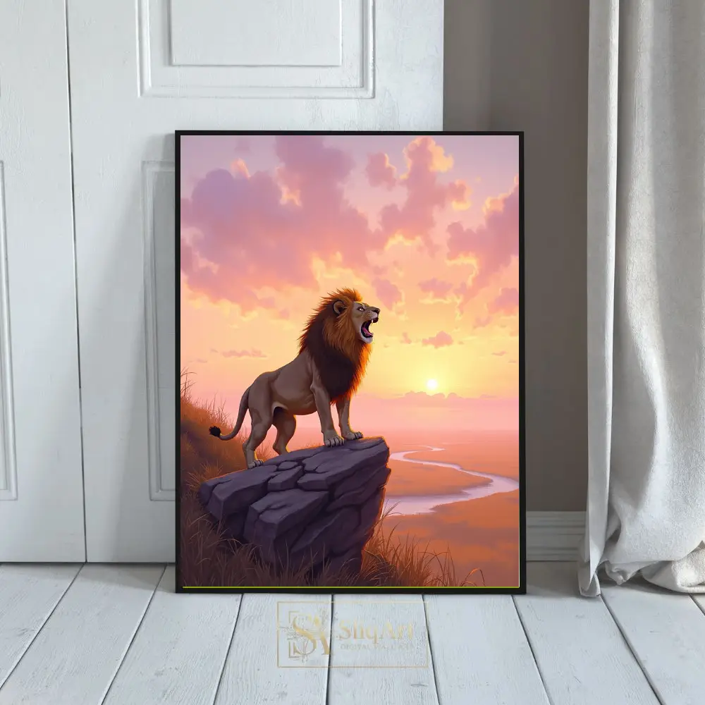 Majestic Roaring Lion Sunset Wall Art - African Savanna Landscape