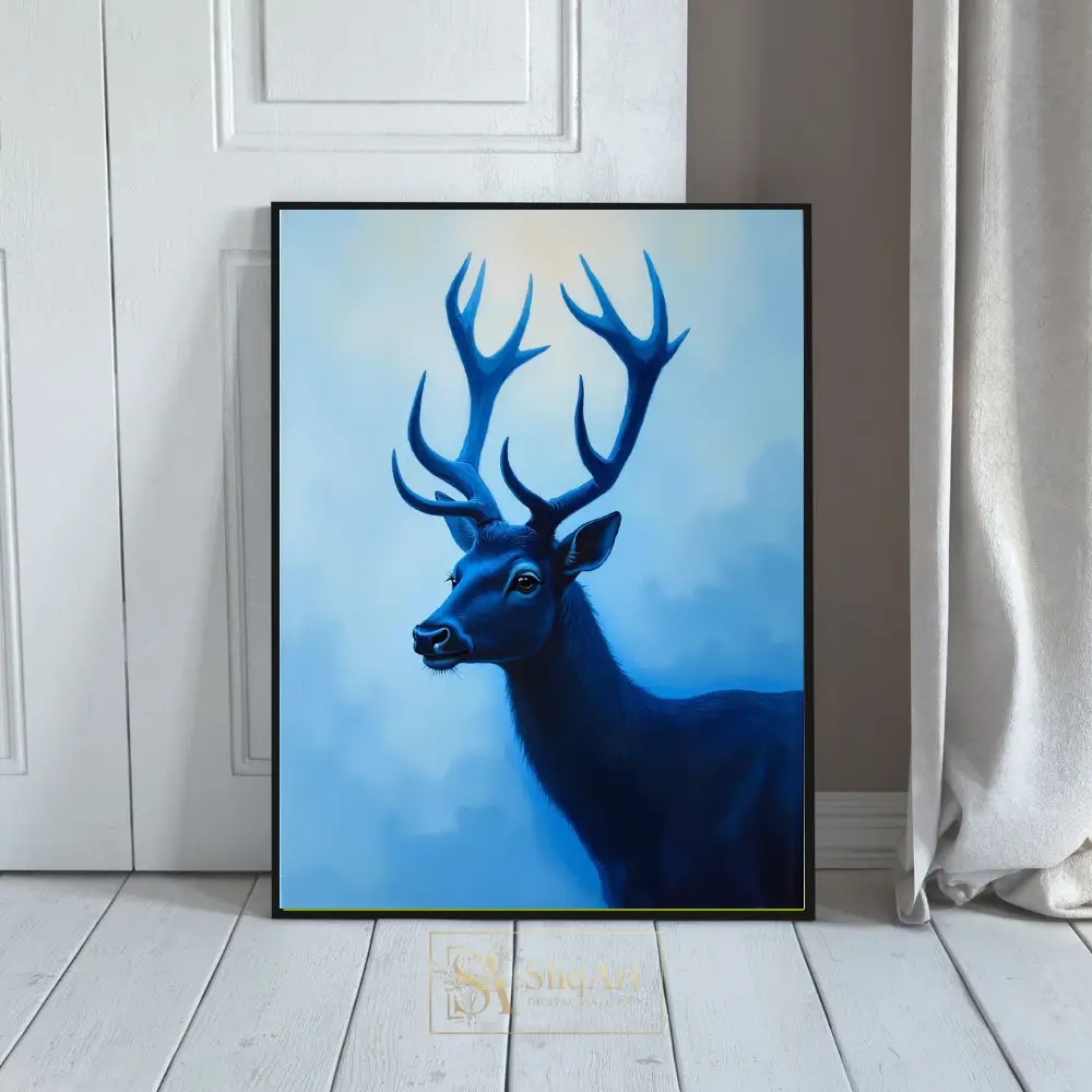 Majestic Blue Stag Wall Art - Modern Monochromatic Nature Canvas