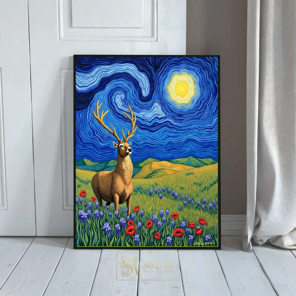 Celestial Stag Canvas Wall Art - Impressionist Deer in Wildflower Meadow