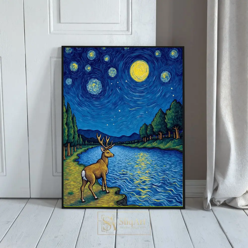 Starry Night Deer by Lake Wall Art - Post-Impressionist Nature Canvas