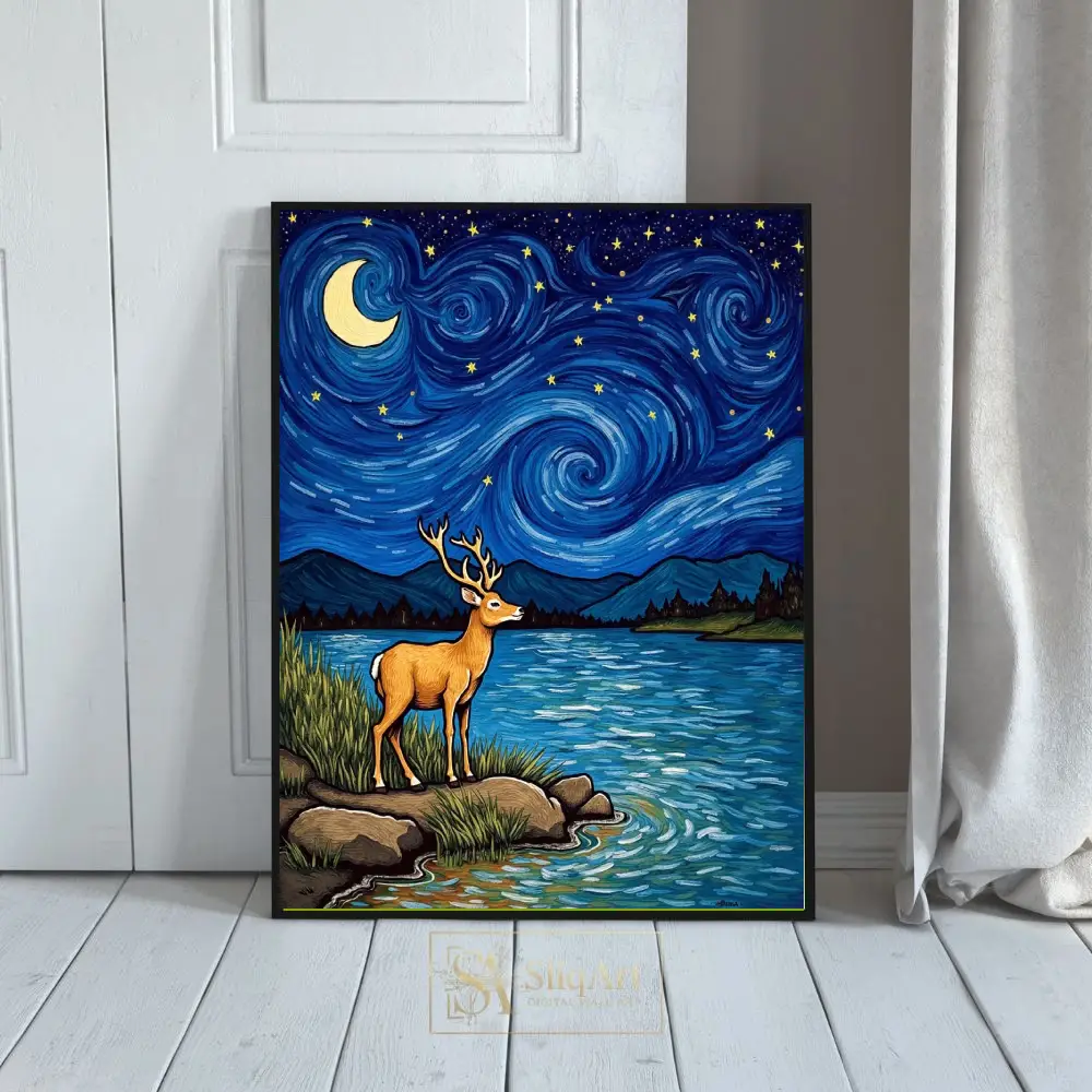Celestial Stag Starry Night Impressionist Canvas Art