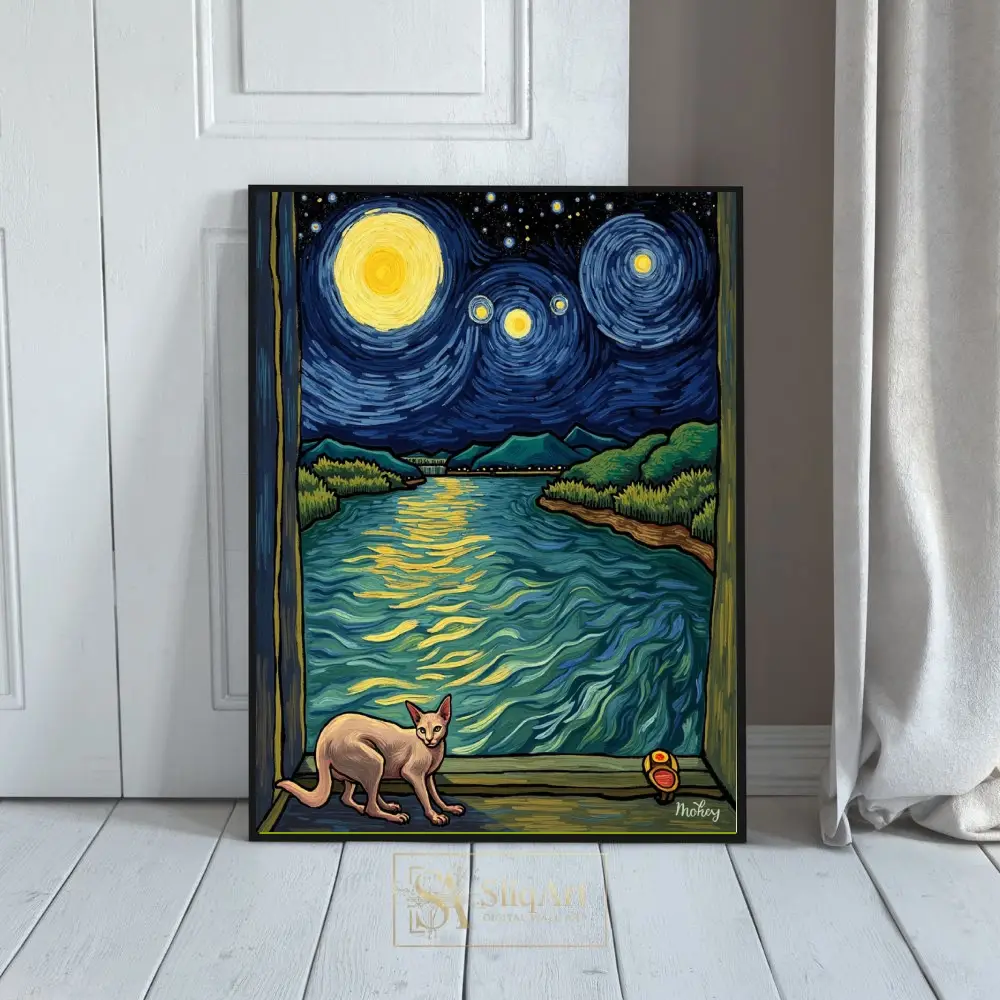 Celestial River Night with Sphynx Cat - Van Gogh Inspired Art