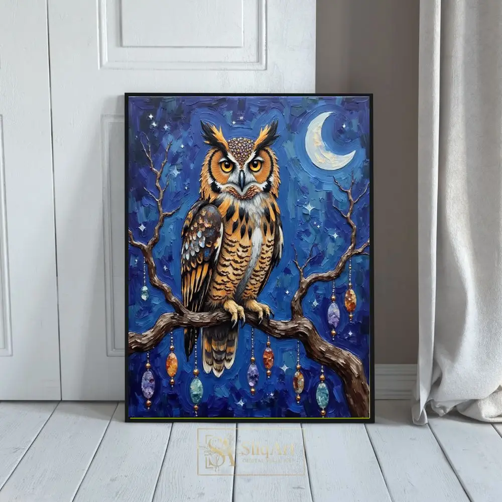 Celestial Great Horned Owl Canvas Print - Textured Impasto Night Art