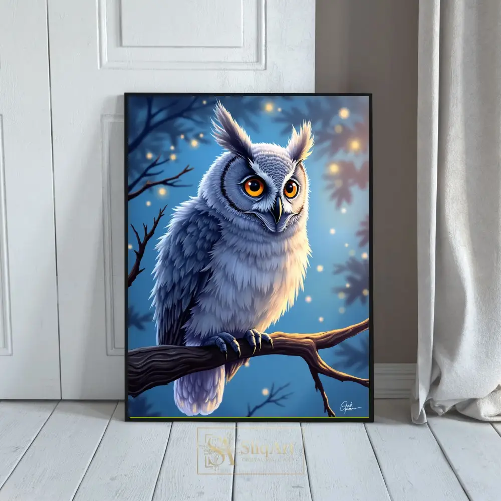 Mystical Owl Night Sky Digital Art - Serene Blue Forest Print