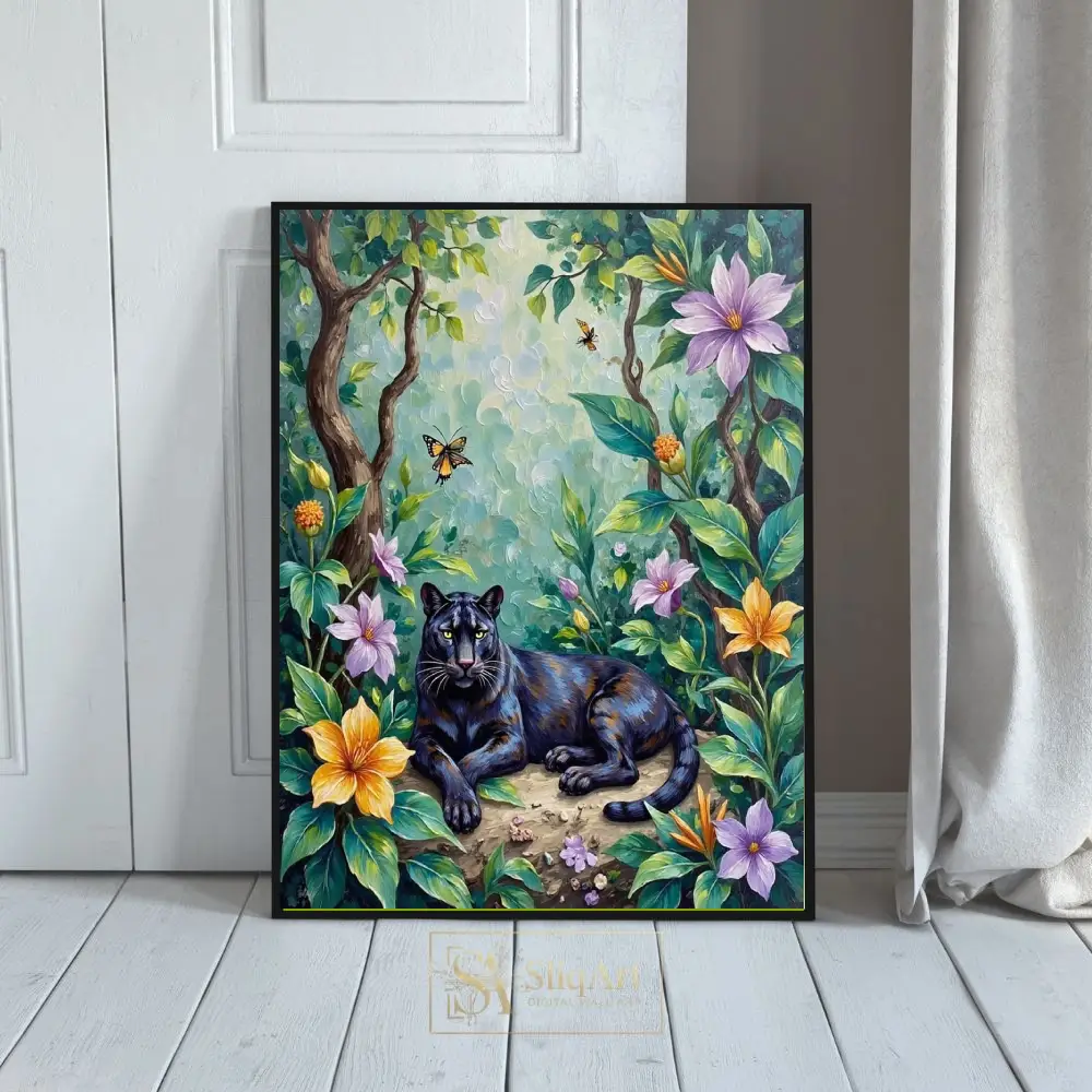 Majestic Black Panther in Floral Jungle Canvas Art - Impressionist Wildlife Decor