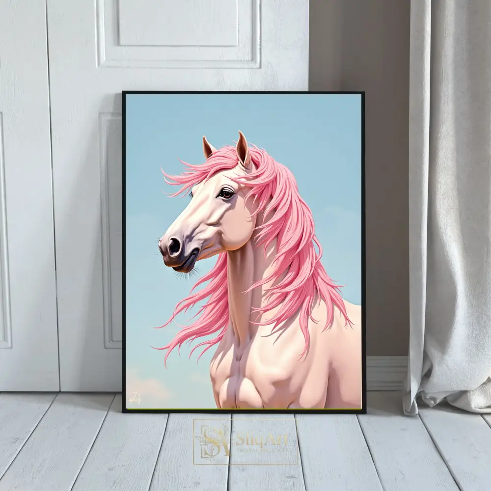 Whimsical Pink Mane White Horse Portrait Digital Art Print