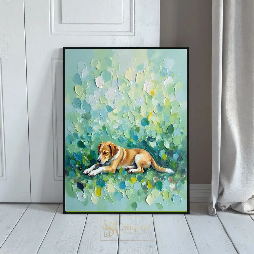 Impressionist Resting Dog Art Print - Textured Sage Green Botanical Wall Decor