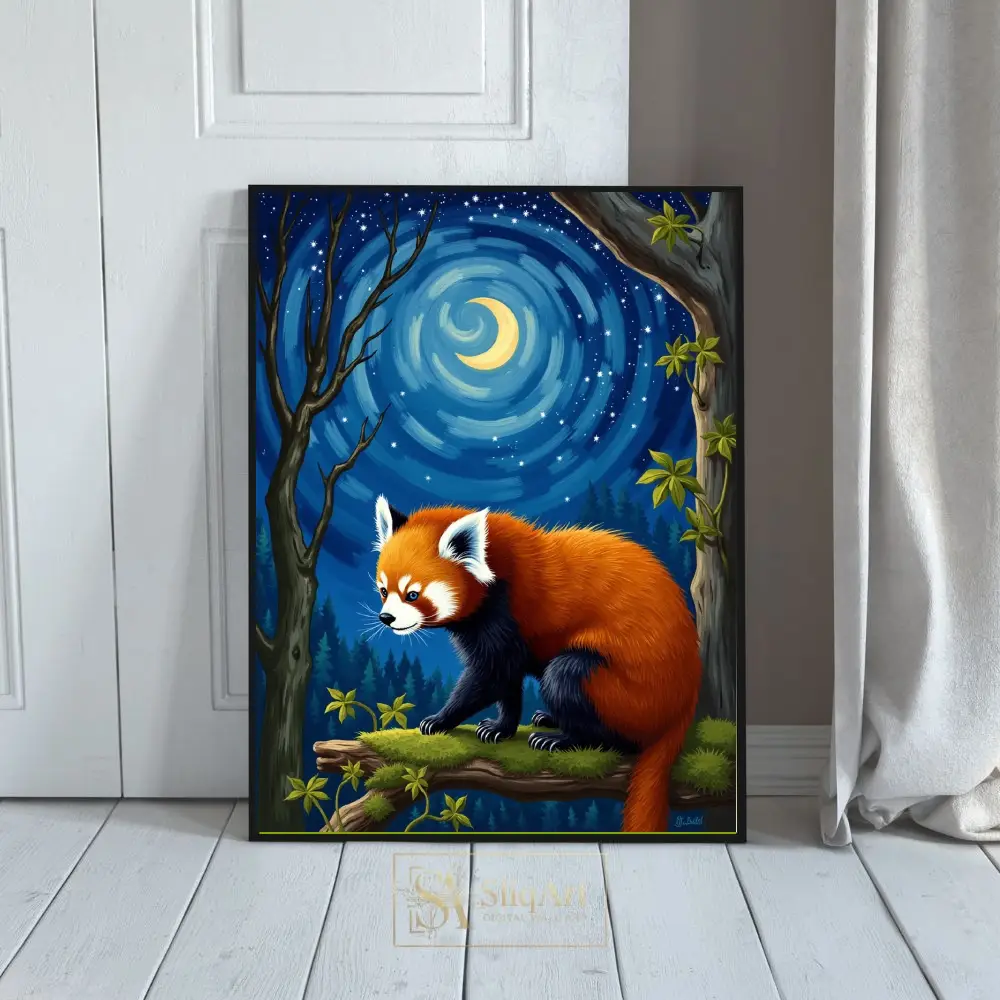 Red Panda Starry Night Canvas Art - Whimsical Impressionist Wildlife Decor
