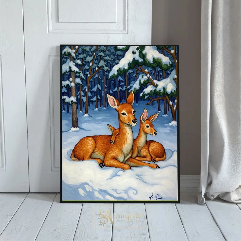 Winter Deer Family Wall Art - Serene Snow Forest Canvas Print