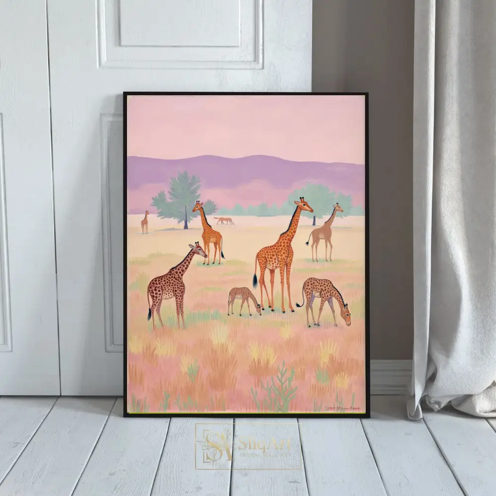 Giraffes on Savanna Folk Art Print | Pastel Safari Wildlife Decor