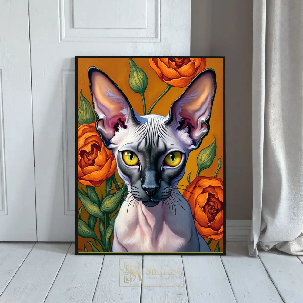 Sphynx Cat and Orange Roses Art Print - Bold Pet Portrait