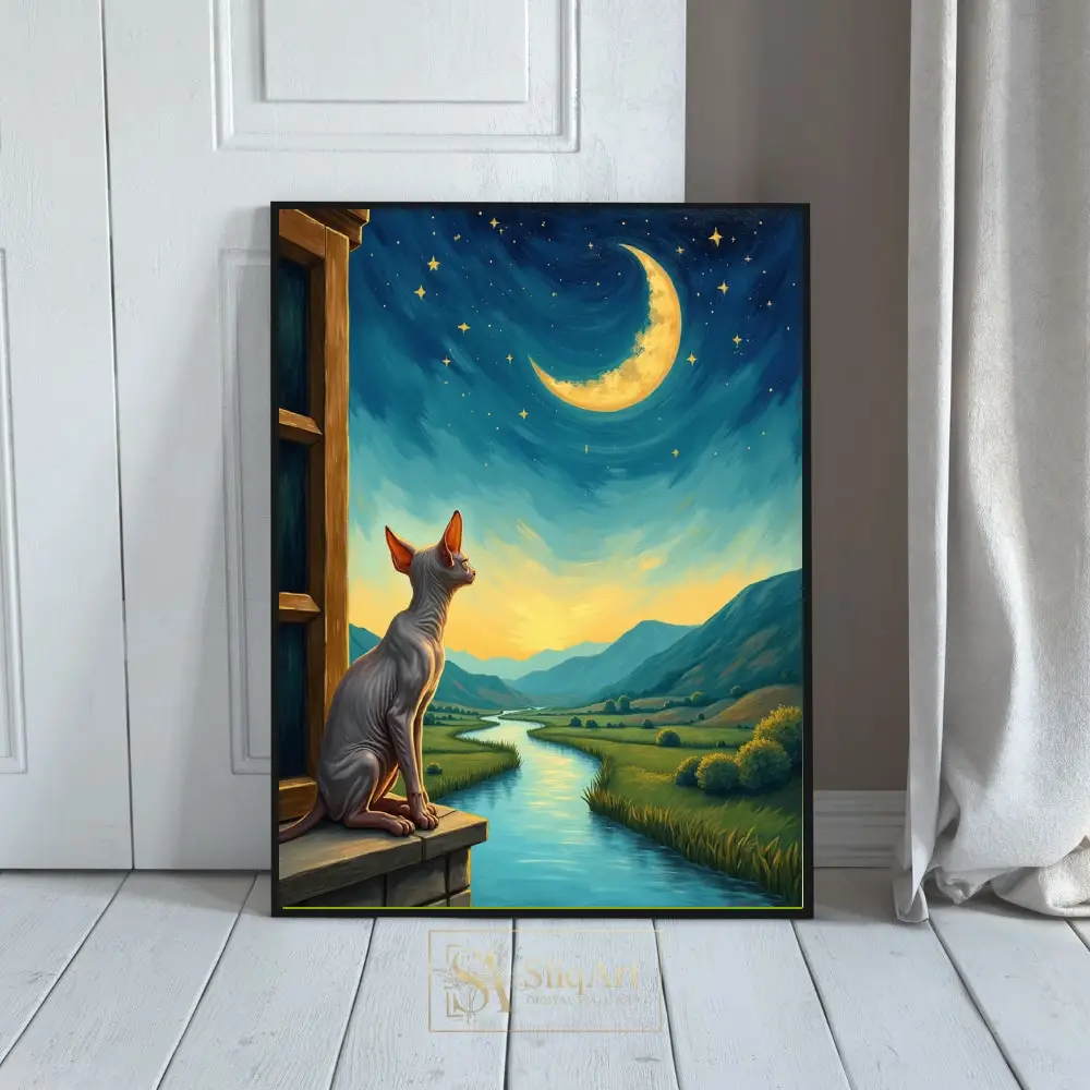 Sphynx Cat Moonlit Valley Wall Art | Whimsical Night Landscape Print