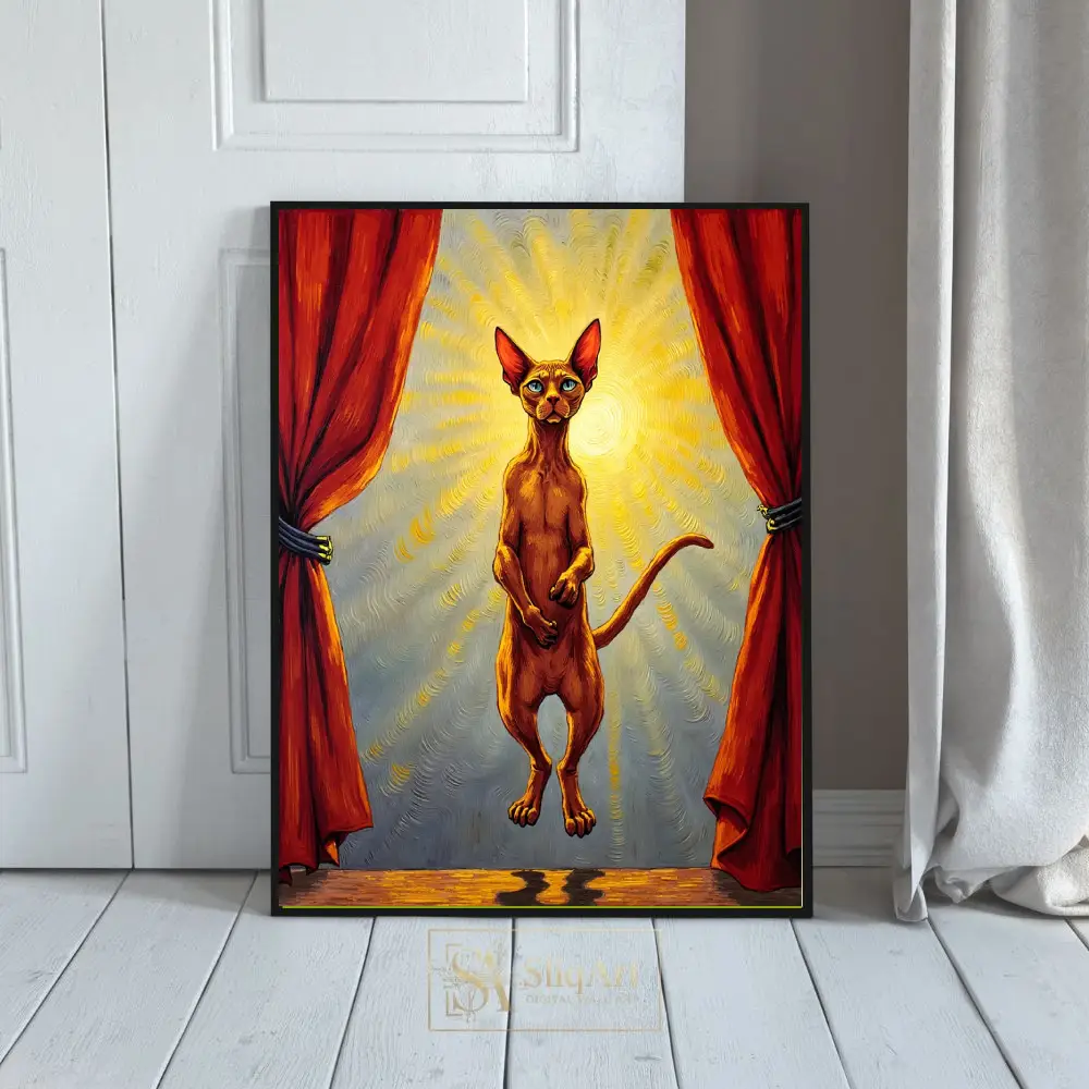 Surreal Sphynx Cat Stage Art - Radiant Sunburst Feline Painting