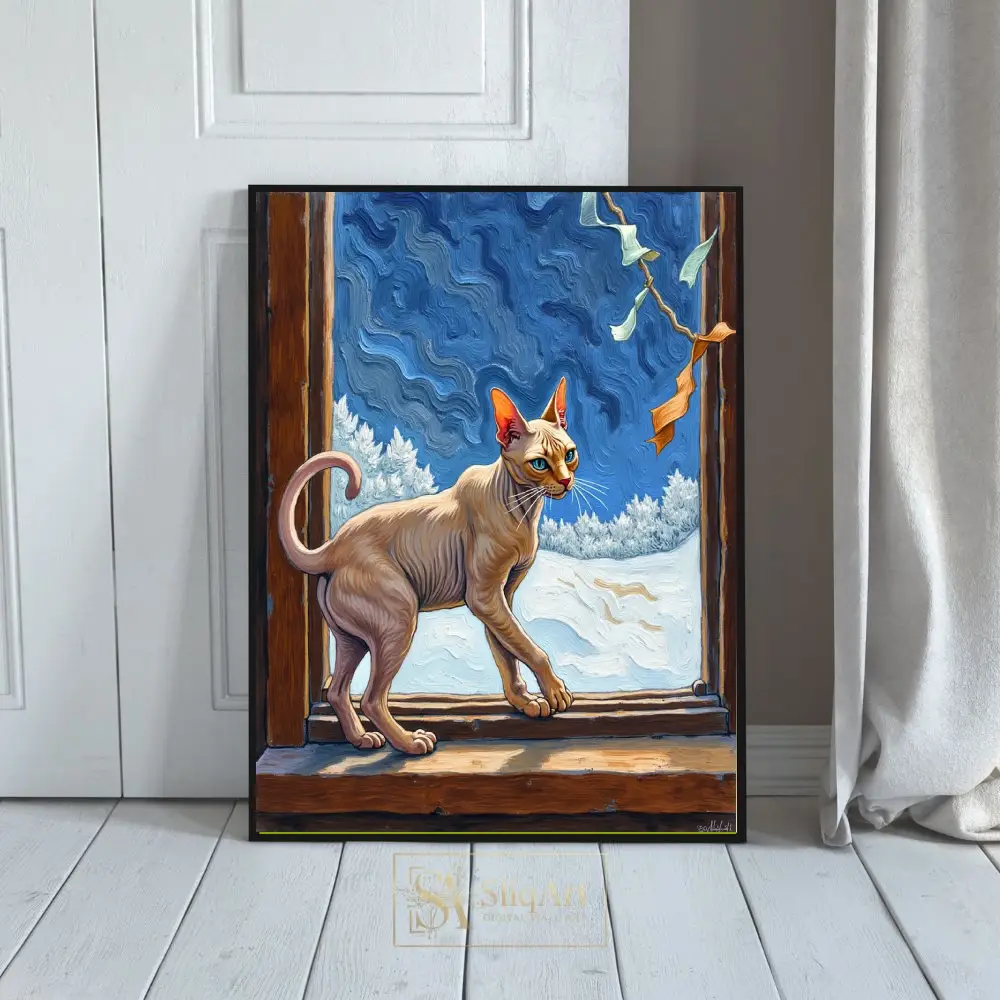 Sphynx Cat Window View Impasto Oil Painting