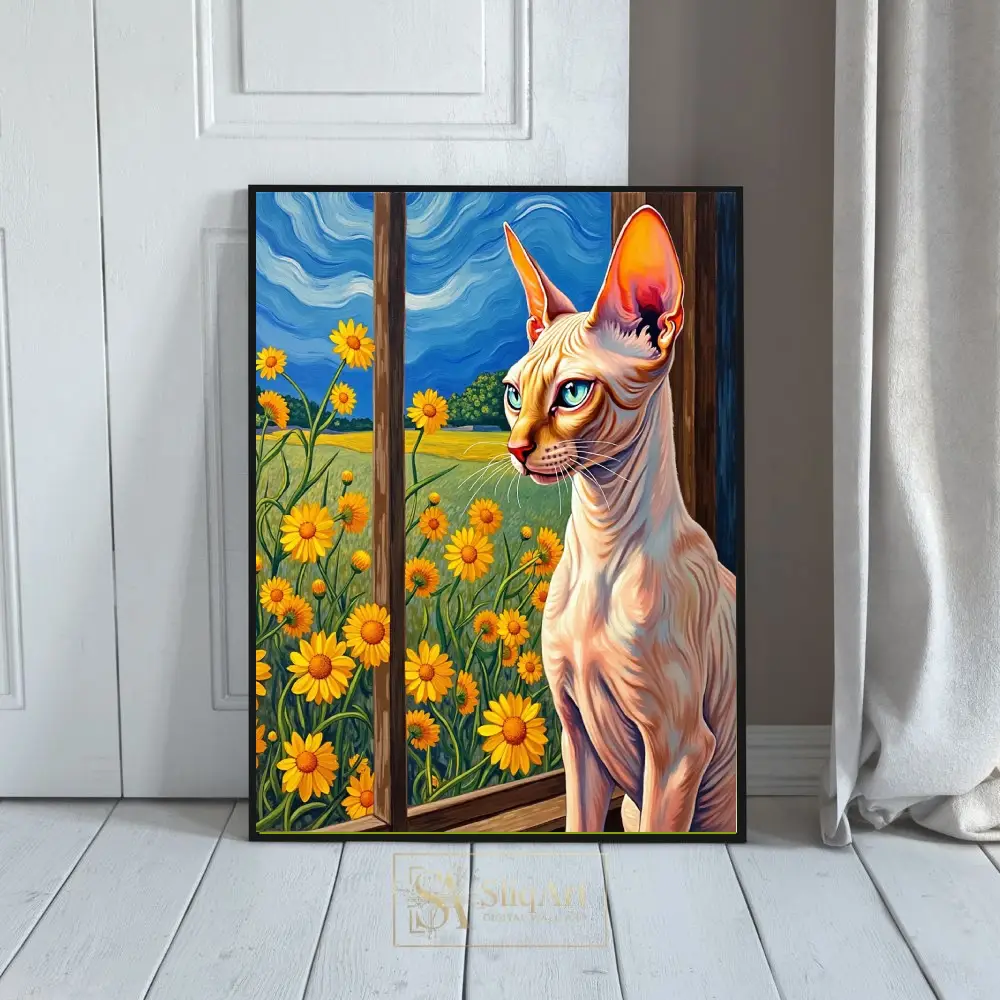 Sphynx Cat Van Gogh Style Canvas Art - Sunflowers Window View