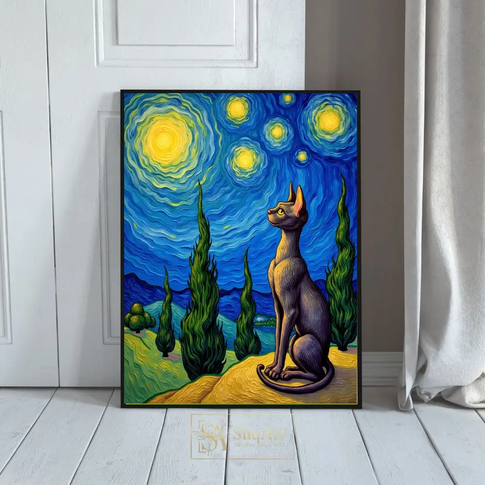 Starry Night Sphynx Cat Canvas Art - Van Gogh Style Feline Decor