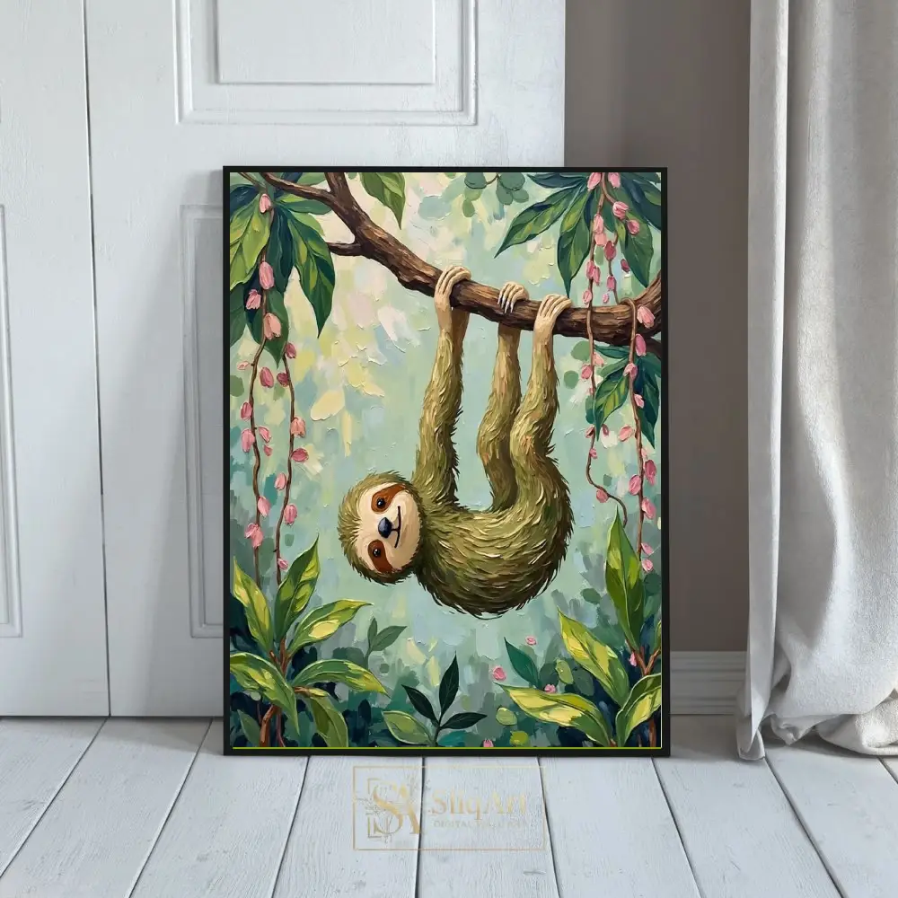 Whimsical Sloth Tropical Jungle Oil Painting Wall Art