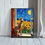 ANI sphynx cat in window with fields of sunflowers and blue night sky 411