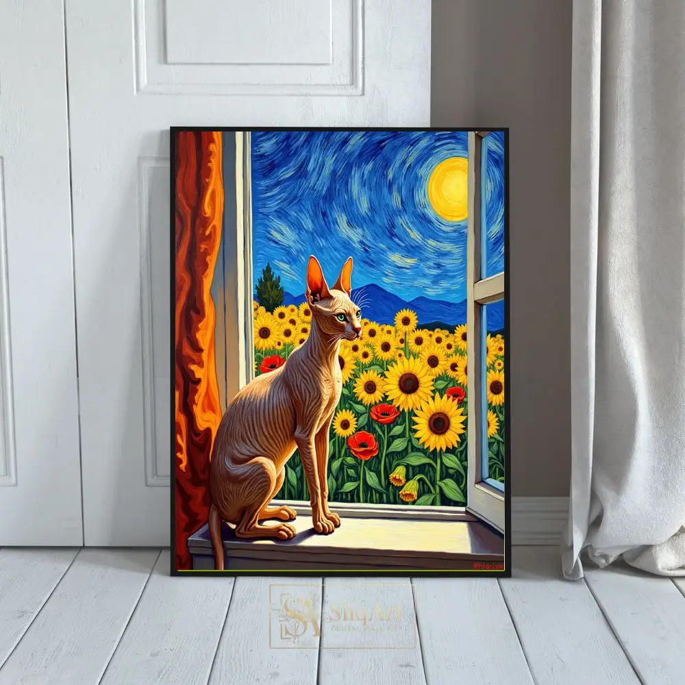 Sphynx Cat Van Gogh Style Art - Sunflowers and Starry Sky Canvas Print