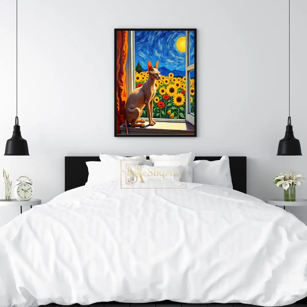 ANI-sphynx-cat-in-window-with-fields-of-sunflowers-and-blue-night-sky-411-02 ANI sphynx cat in window with fields of sunflowers and blue night sky 411