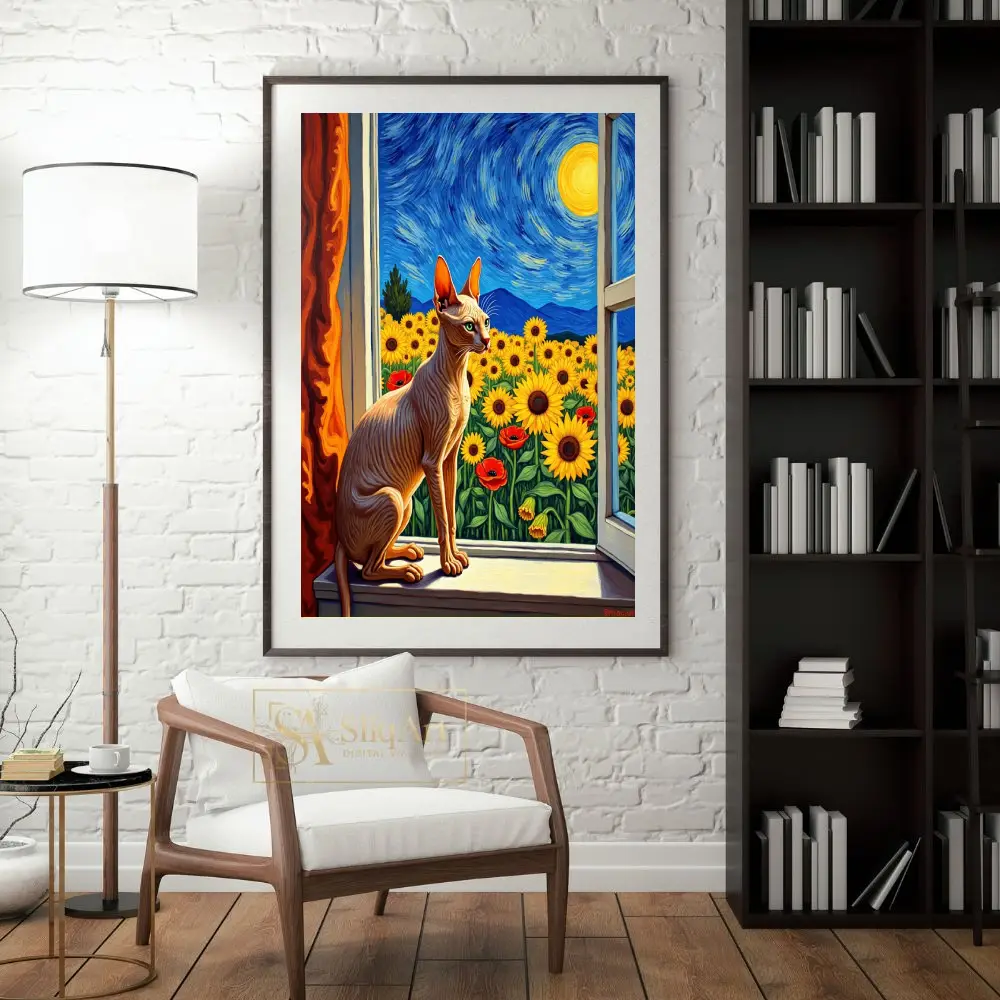 ANI-sphynx-cat-in-window-with-fields-of-sunflowers-and-blue-night-sky-411-04 ANI sphynx cat in window with fields of sunflowers and blue night sky 411