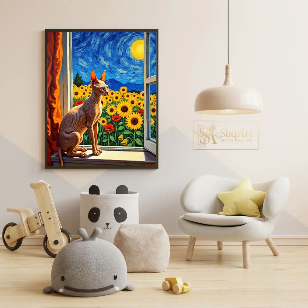 ANI-sphynx-cat-in-window-with-fields-of-sunflowers-and-blue-night-sky-411-05 ANI sphynx cat in window with fields of sunflowers and blue night sky 411