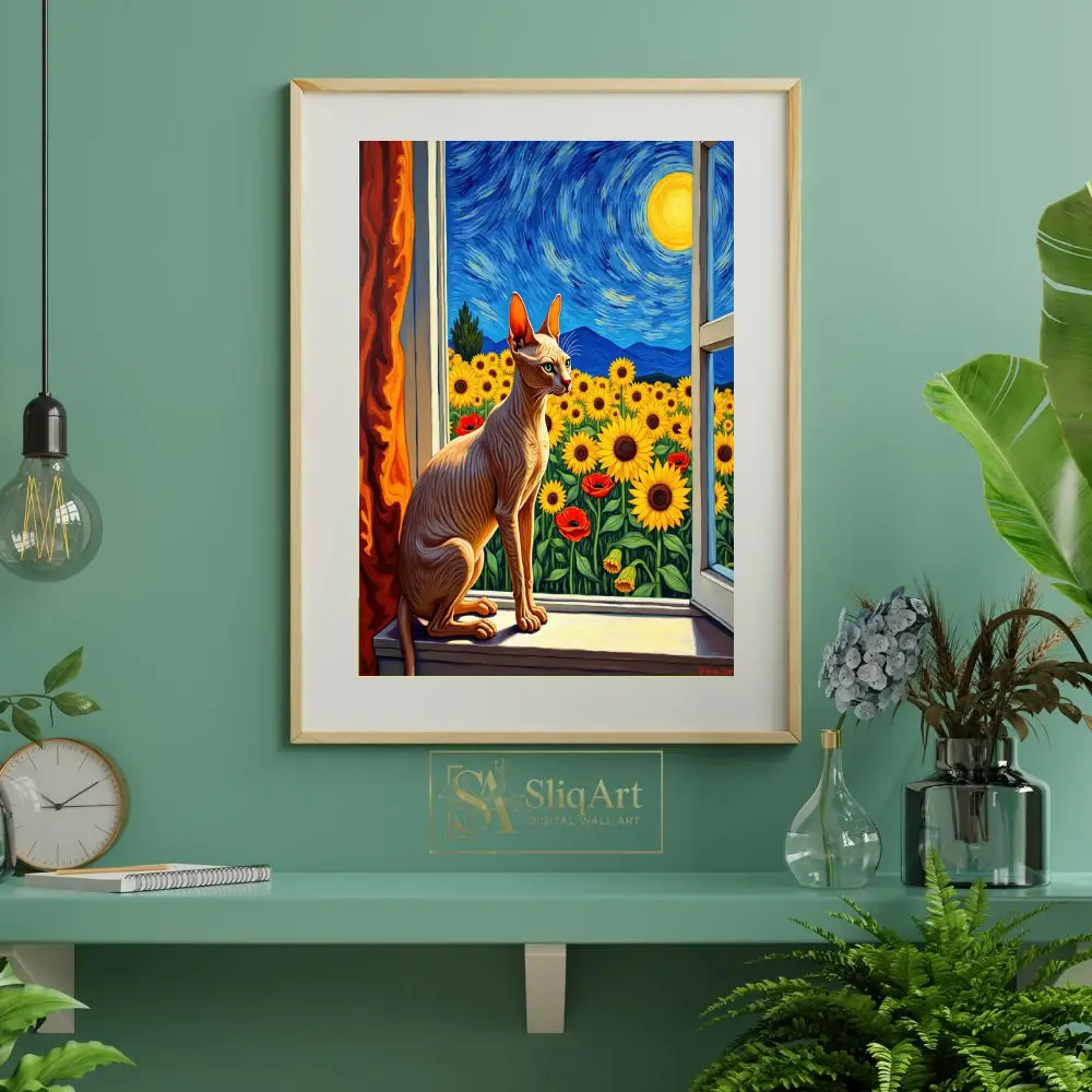 ANI-sphynx-cat-in-window-with-fields-of-sunflowers-and-blue-night-sky-411-06 ANI sphynx cat in window with fields of sunflowers and blue night sky 411