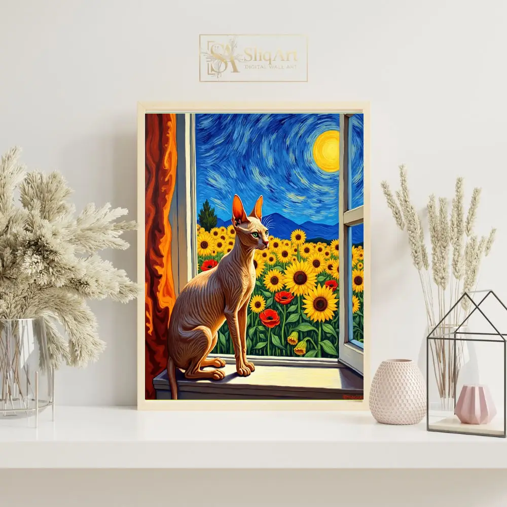 ANI-sphynx-cat-in-window-with-fields-of-sunflowers-and-blue-night-sky-411-07 ANI sphynx cat in window with fields of sunflowers and blue night sky 411