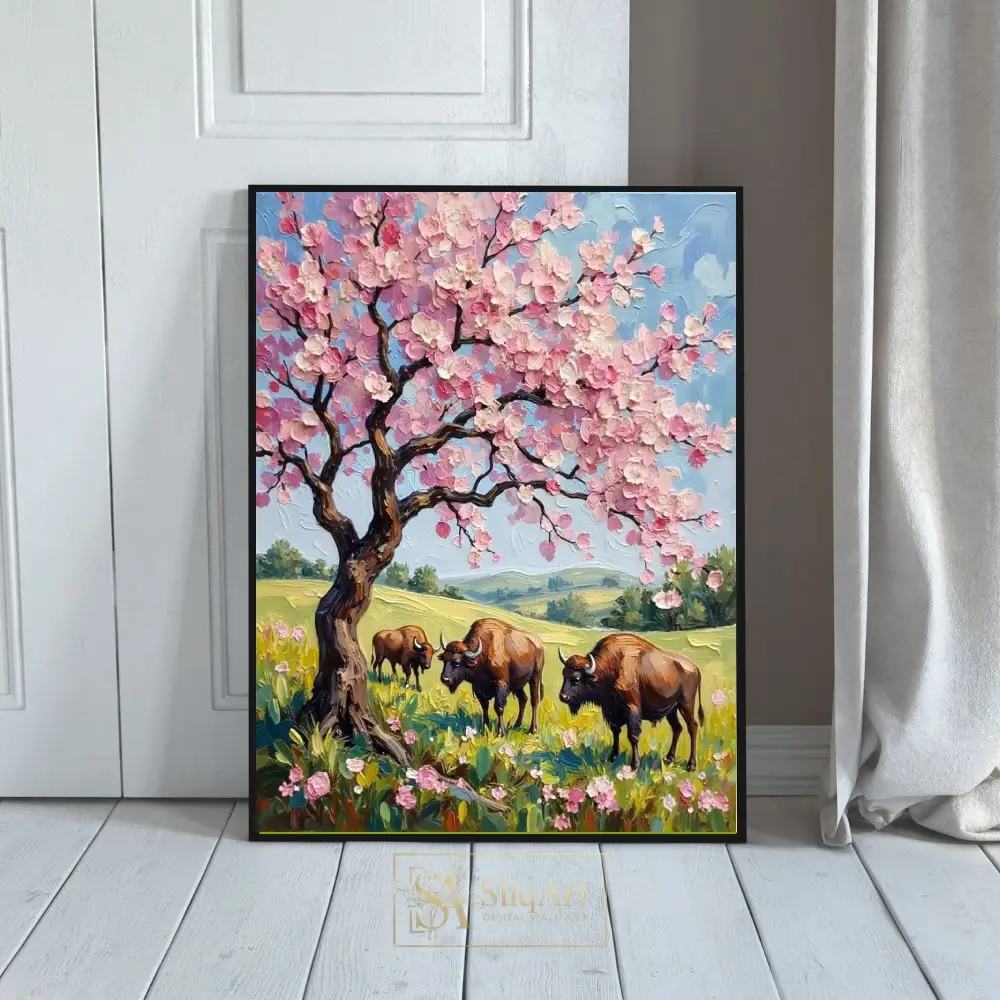 Impressionist Cherry Blossom Tree and Buffalo Impasto Wall Art