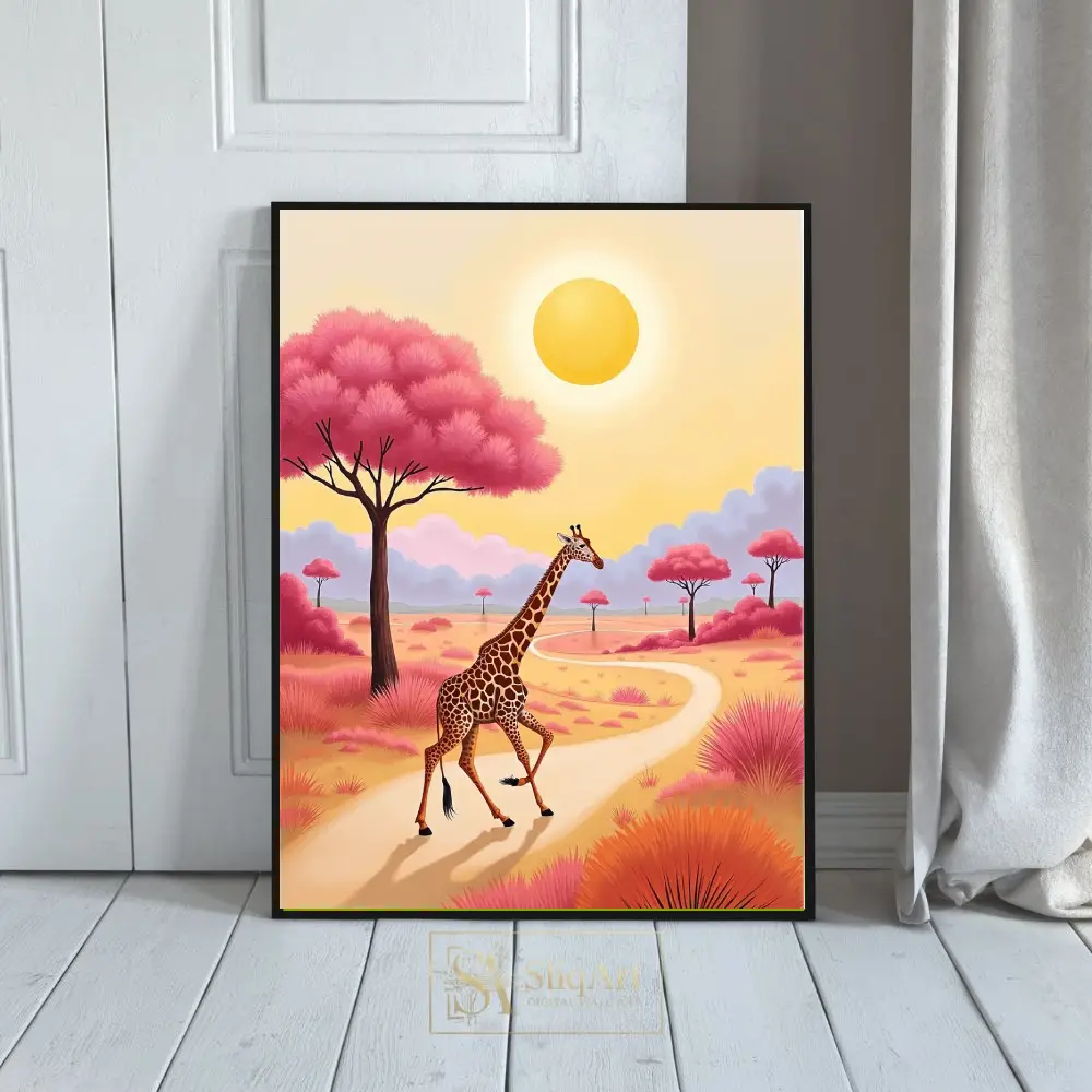 Whimsical Giraffe in Pink Savanna - Modern Wildlife Wall Art