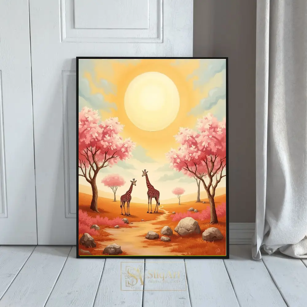 Whimsical Giraffes in Pink Blossom Savanna Wall Art